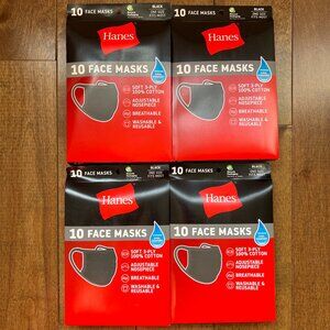 Hanes Black Face Masks 100% Cotton Fabric Washable & Reusable, 4 Pack of 10 -NEW